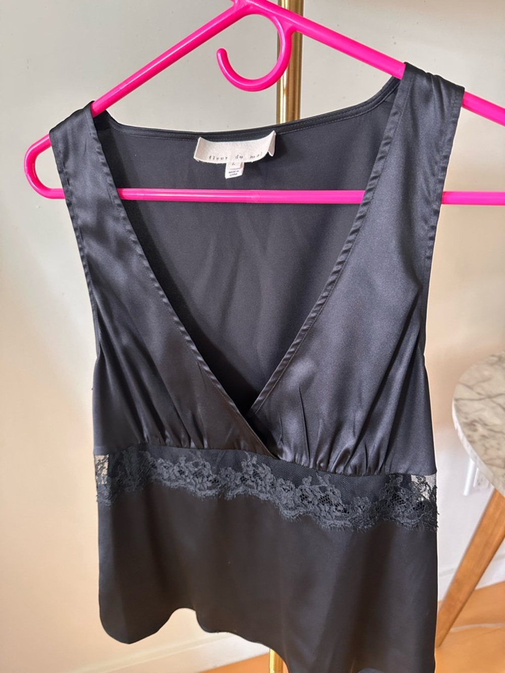 Fleur du Mal Black Silk V-Neck Cami with Lace Trim